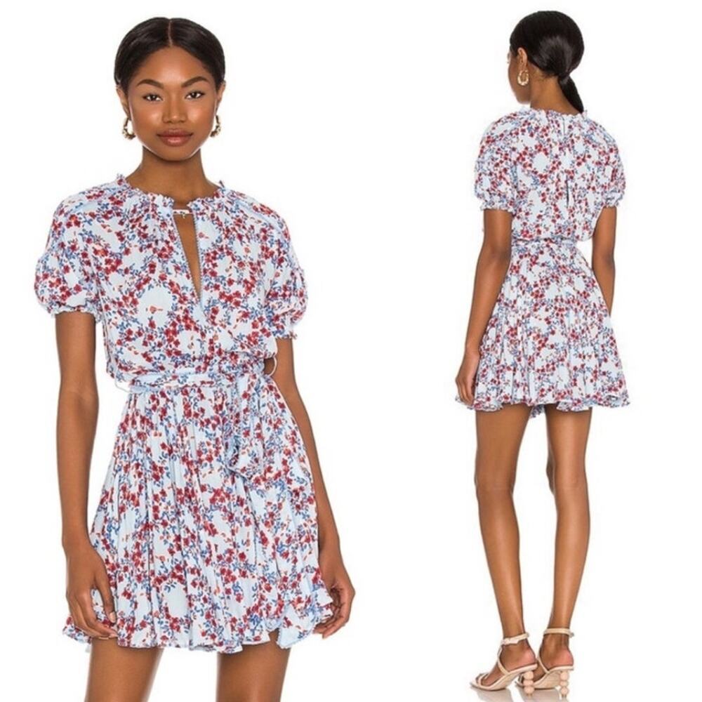 Poupette St. Barth Light Blue Floral Mini Dress with Red Accents